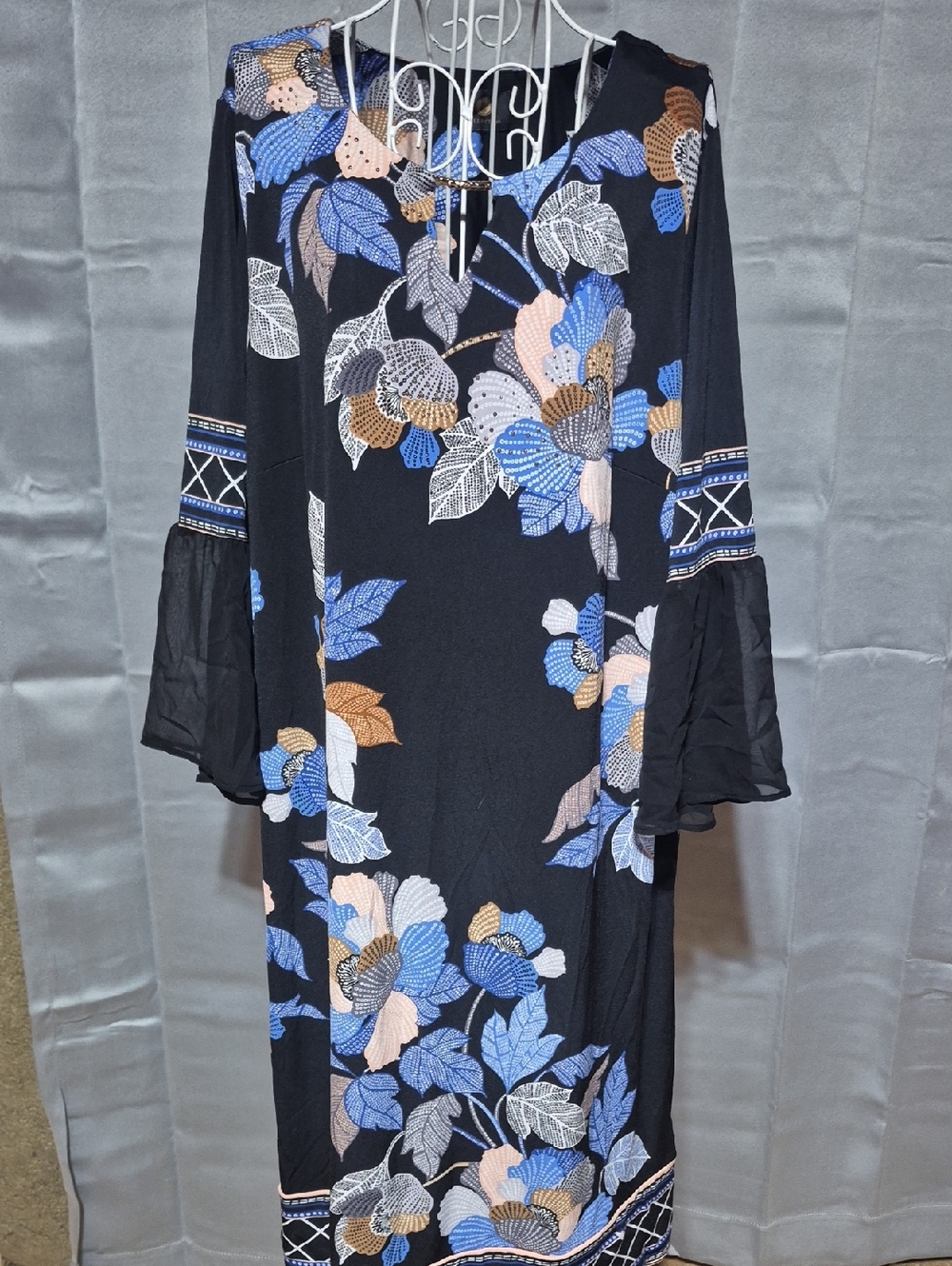 JM Collection Black Floral Bell-Sleeve Midi Dress with Blue & Tan Accents